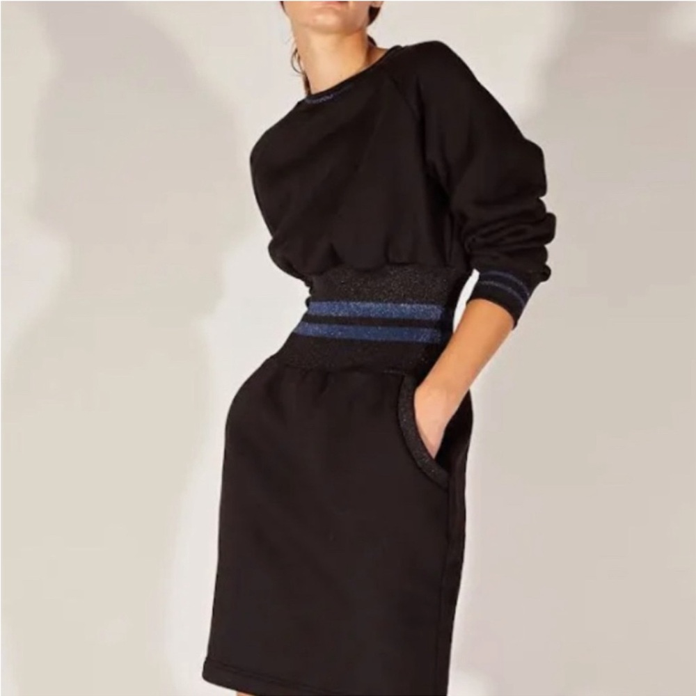 Black Long-Sleeve Knit Dress with Blue Detail